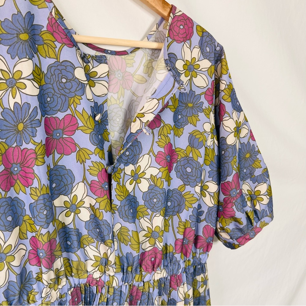 YMC London Floral Midi Smock Dress Size S 70s Mod Blue Pink Cotton Garden - Picture 11 of 16
